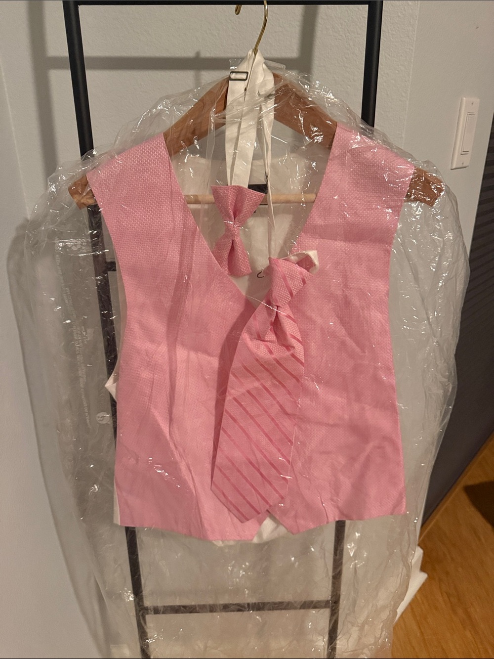 Pronto Uomo Pink Sleeveless V-Neck Vest with Bow and Striped Tie